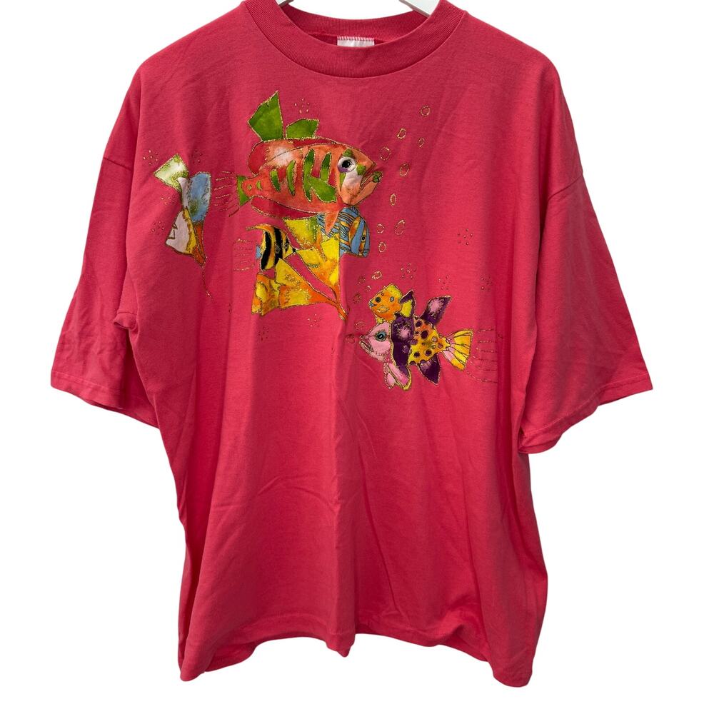 Vintage Sunbelt Short Sleeve T-Shirt Pink Tropical Fish Puffy Paint Womens XL